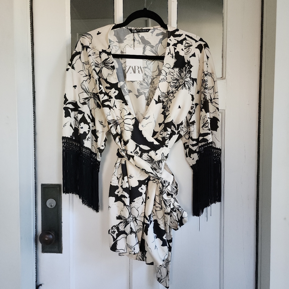 Zara Floral Print Kimono Fringed Jacket Blouse